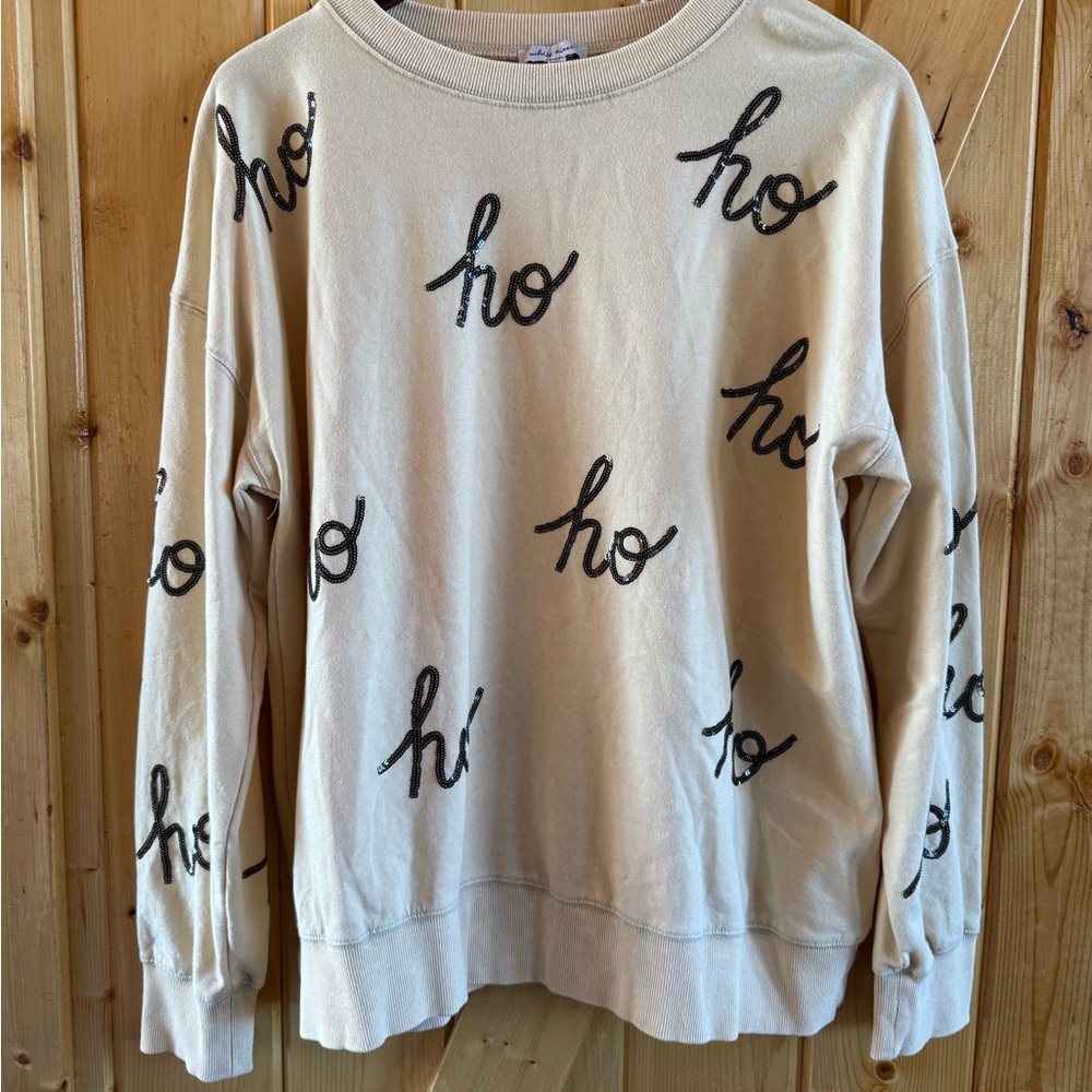 Beige Sweatshirt with Black Sequined Ho Ho Ho Script